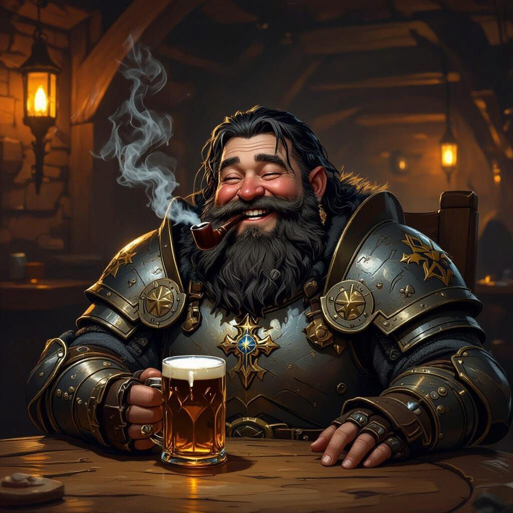 Dwarf Paladin Laughing in Pub: Atmospheric Digital Art