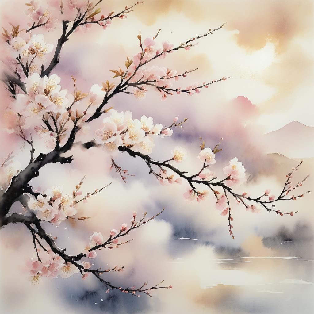 Japanese Watercolor Painting of Cherry Blossoms