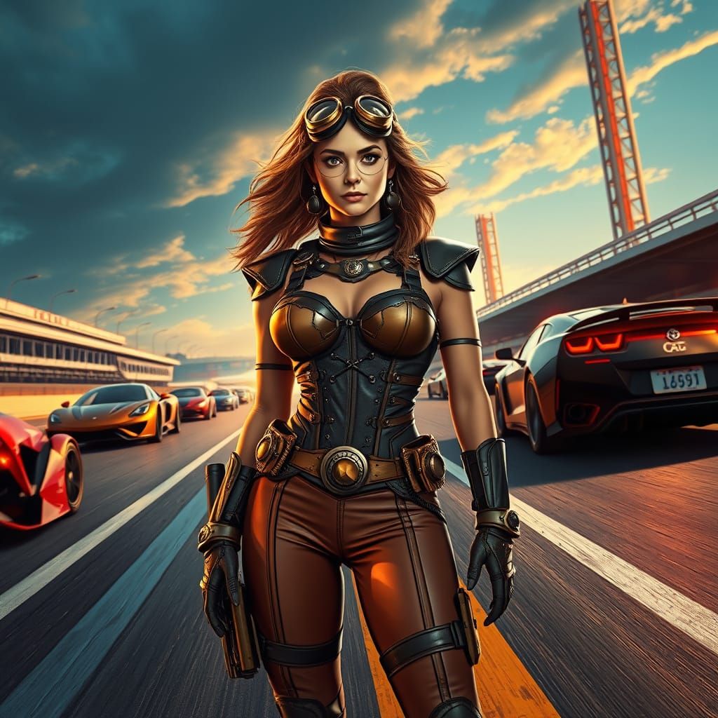 Tan Steampunk Superhero Standing Heroically on a Modern Race...