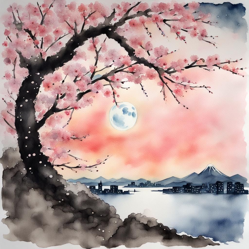 Cherry Blossom Watercolor with Cityscape Seascape Elements