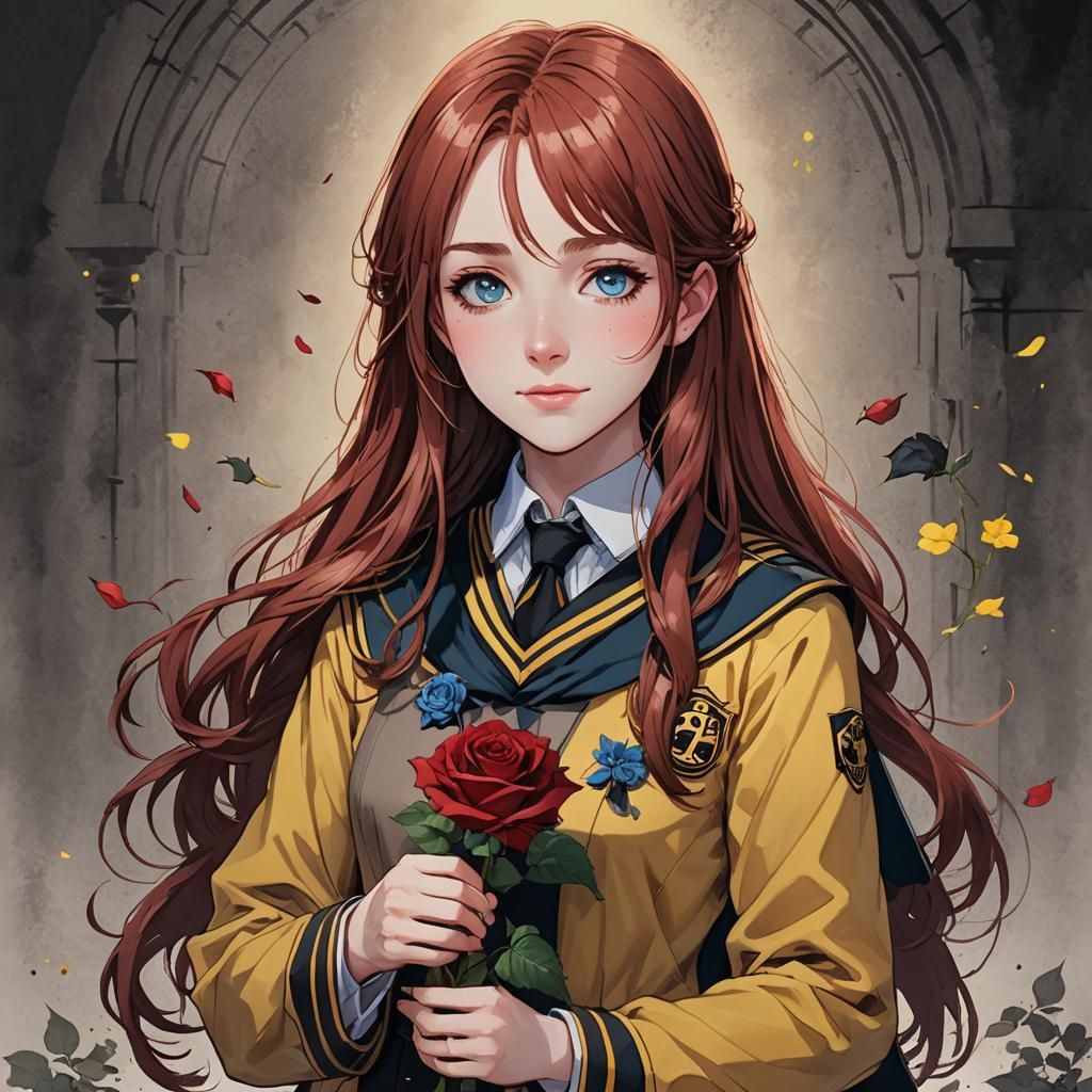 Hufflepuff Student with Rose in Anime Style