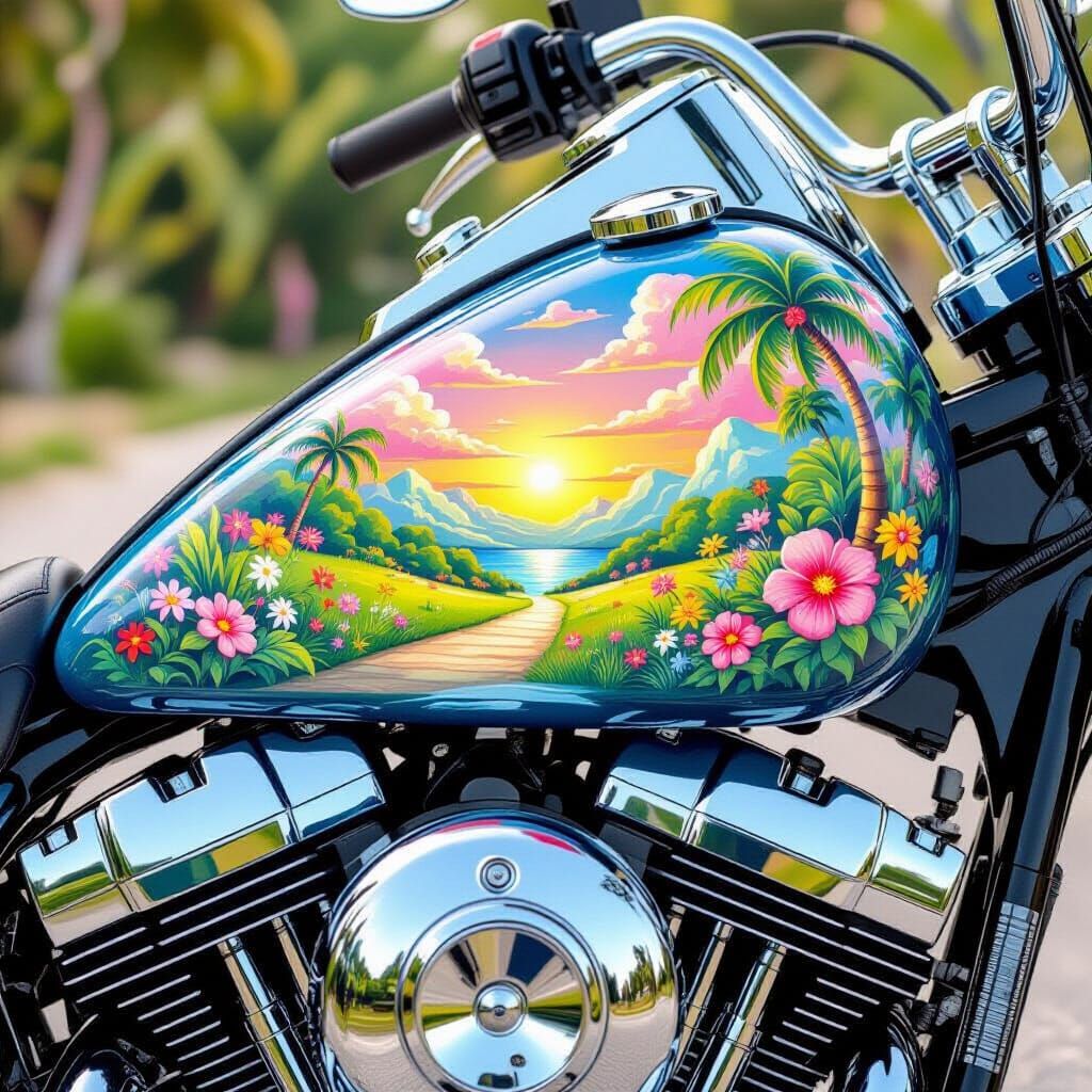Airbrushed Motorcycle Tank: Dreamy Paradise in 80s Style