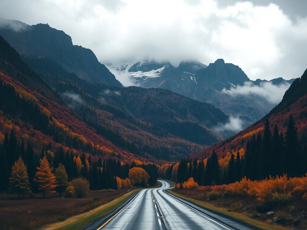 Colorful Autumn Road Through Mountains in Rainstorm
