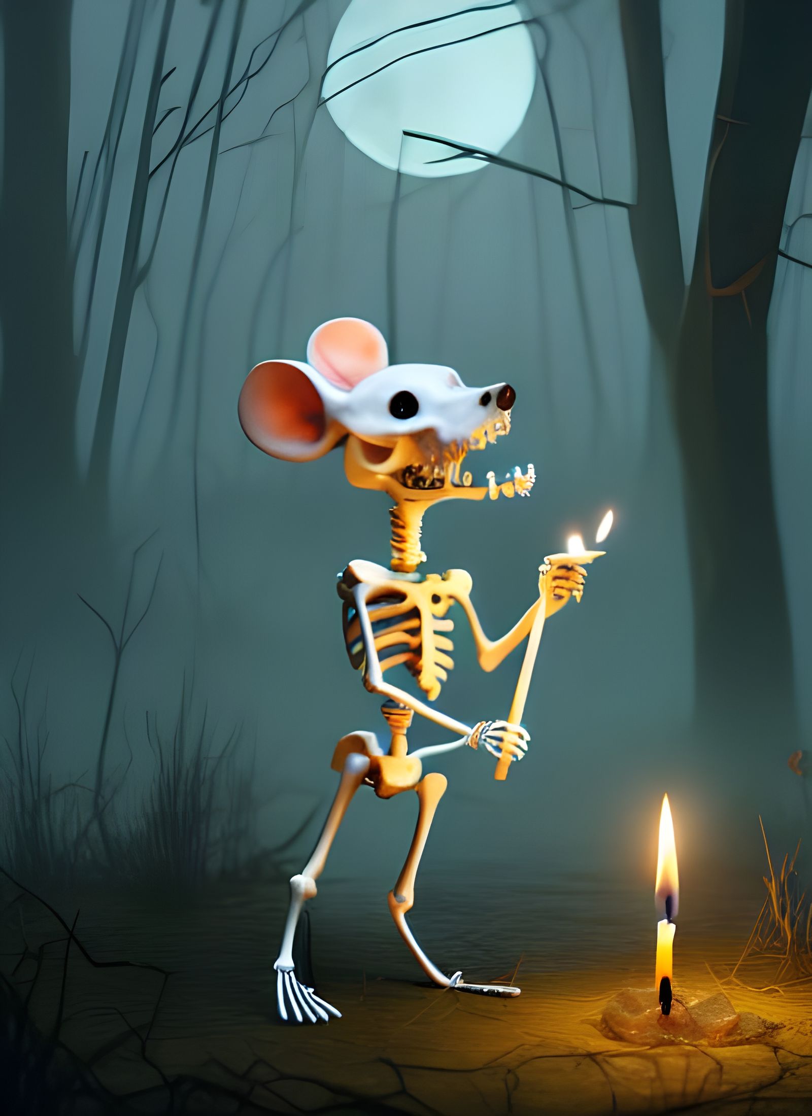 Moonlit Skeletal Mouse in Swamp: Cel-Shaded Digital Art
