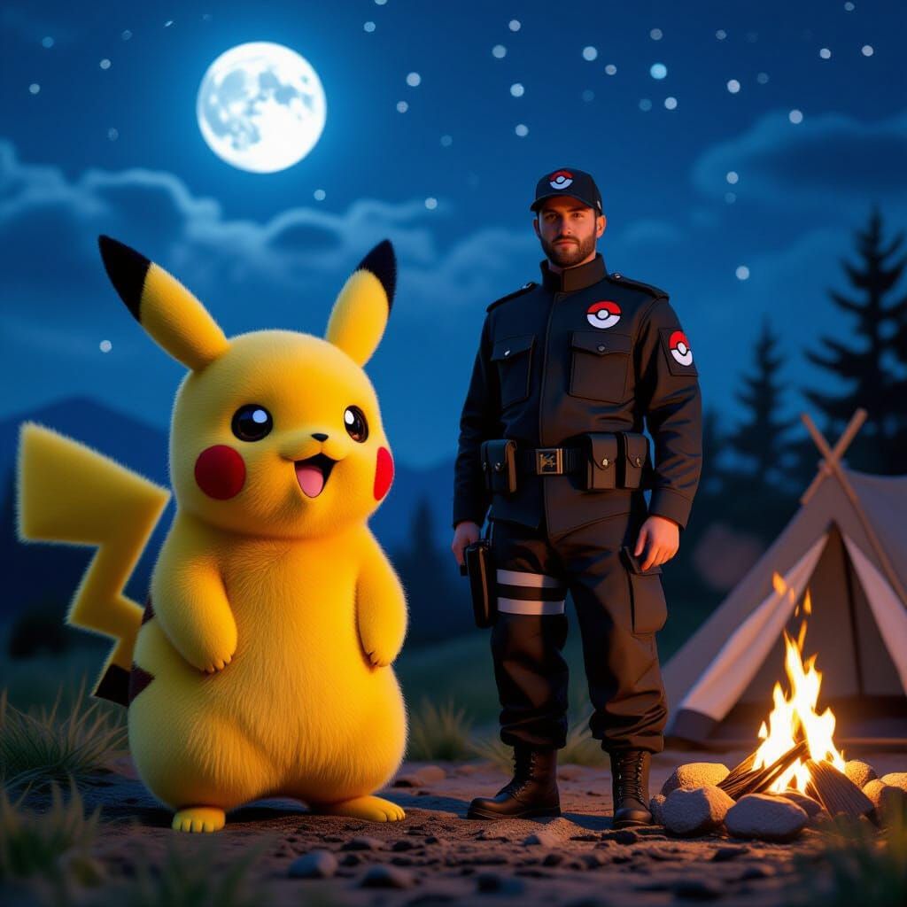 Realistic CGI Pikachu and Pokémon Trainer Under Moonlight
