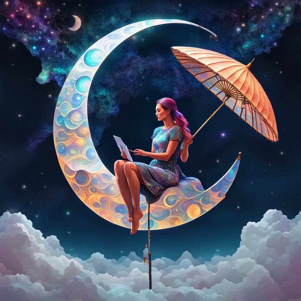 Girl on Crescent Moon Over Earth: Cosmic Illustration