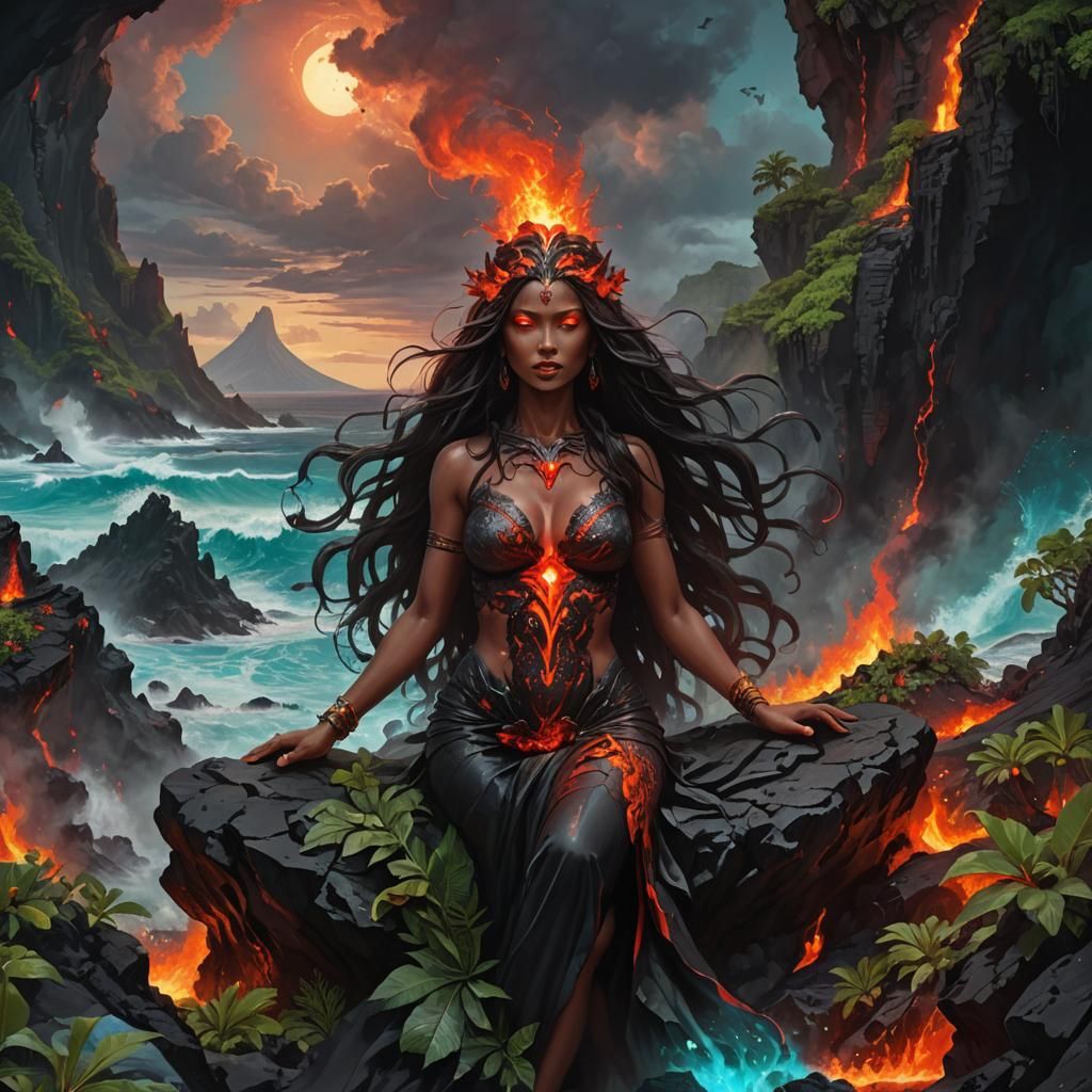 Volcano Goddess Emerging in Fiery Light
