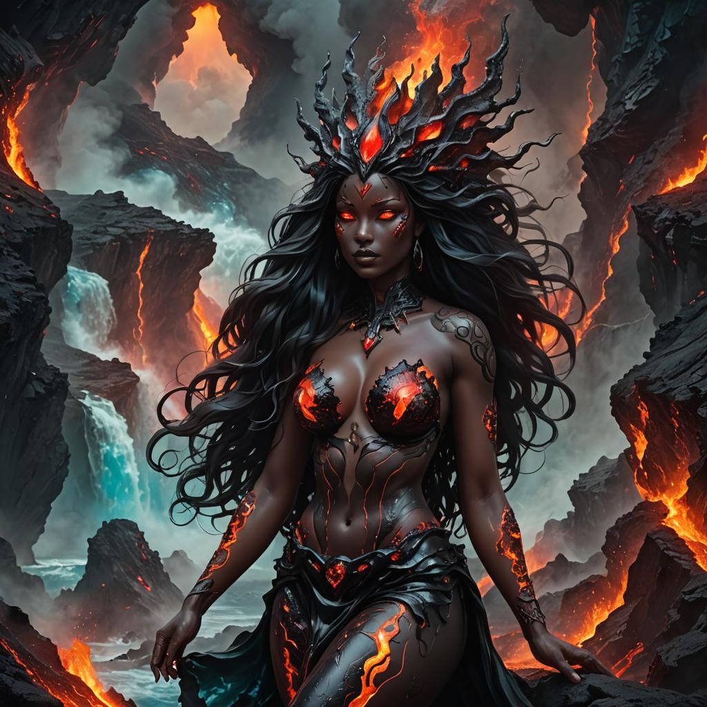 Volcano Goddess with Lava Hair in Digital Art