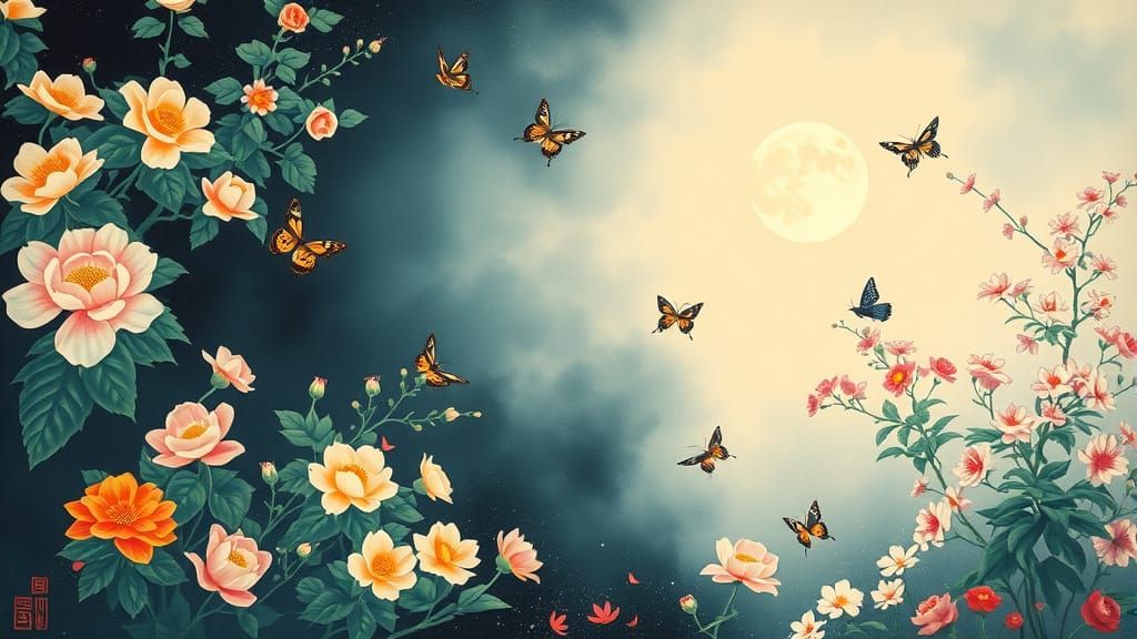 Day and Night Garden Scene in Asian Painting Style