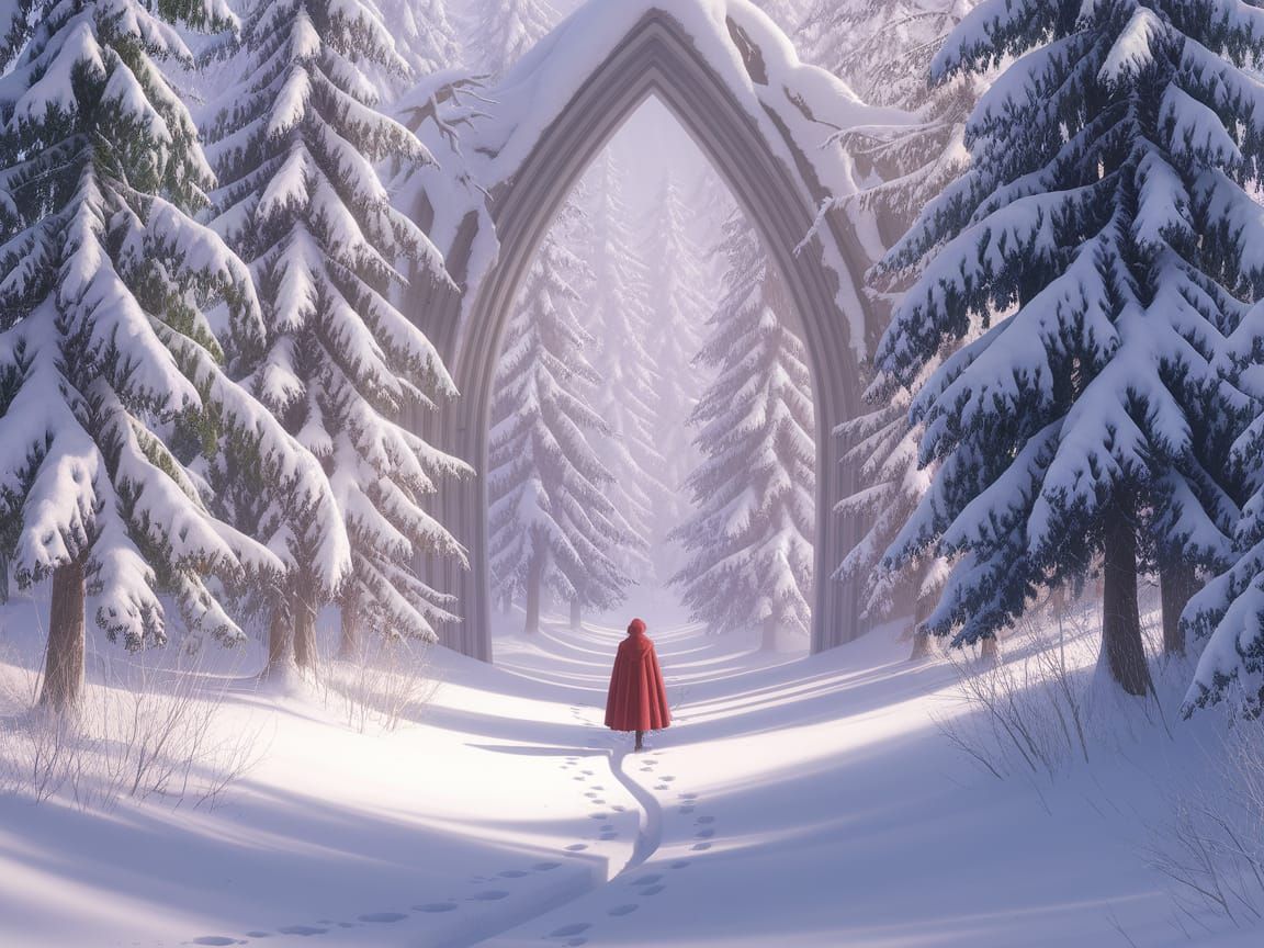 Red Cloak in Snow-Covered Forest, Ethereal Illustration