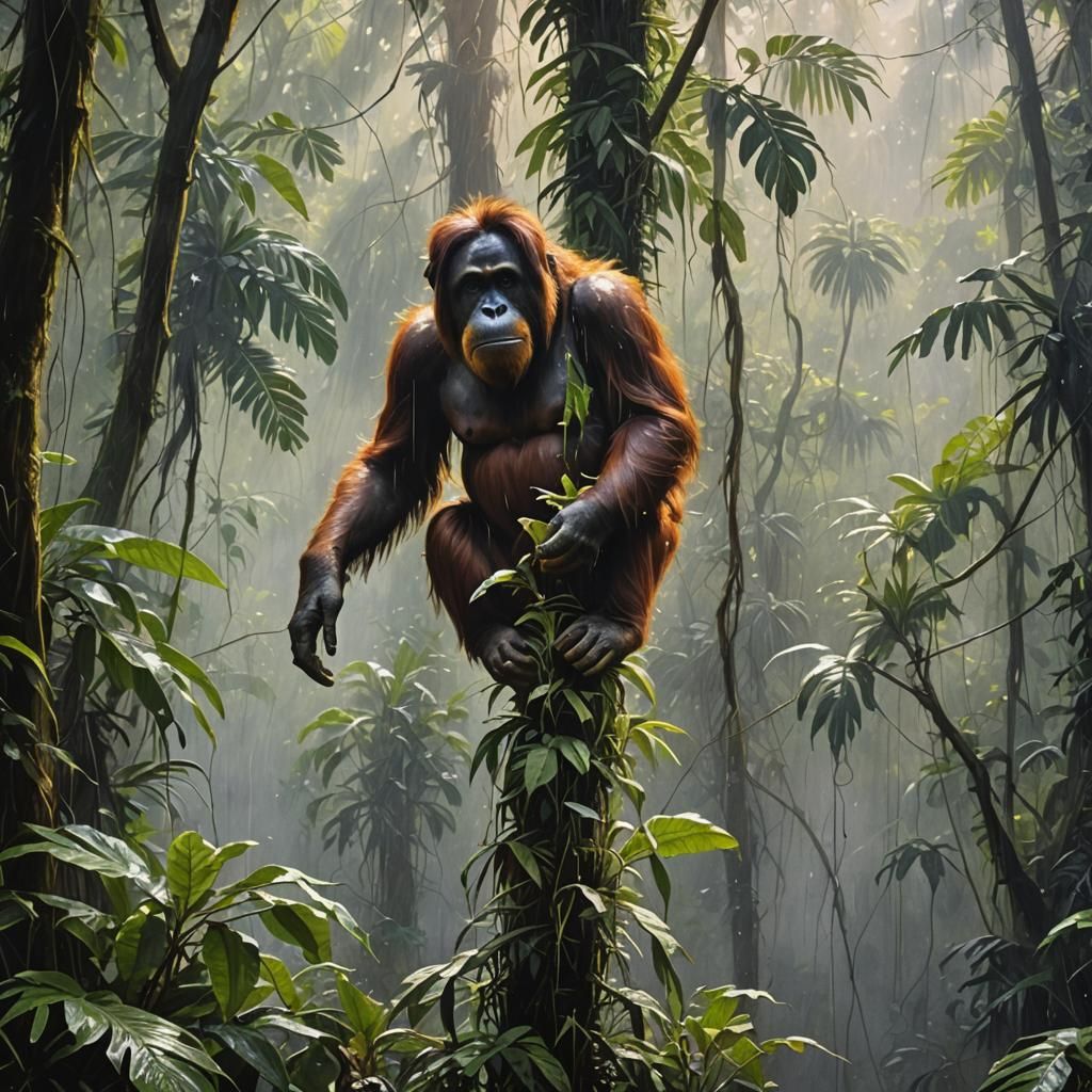 Exotic Orangutan in Misty Rainforest Gouache Painting