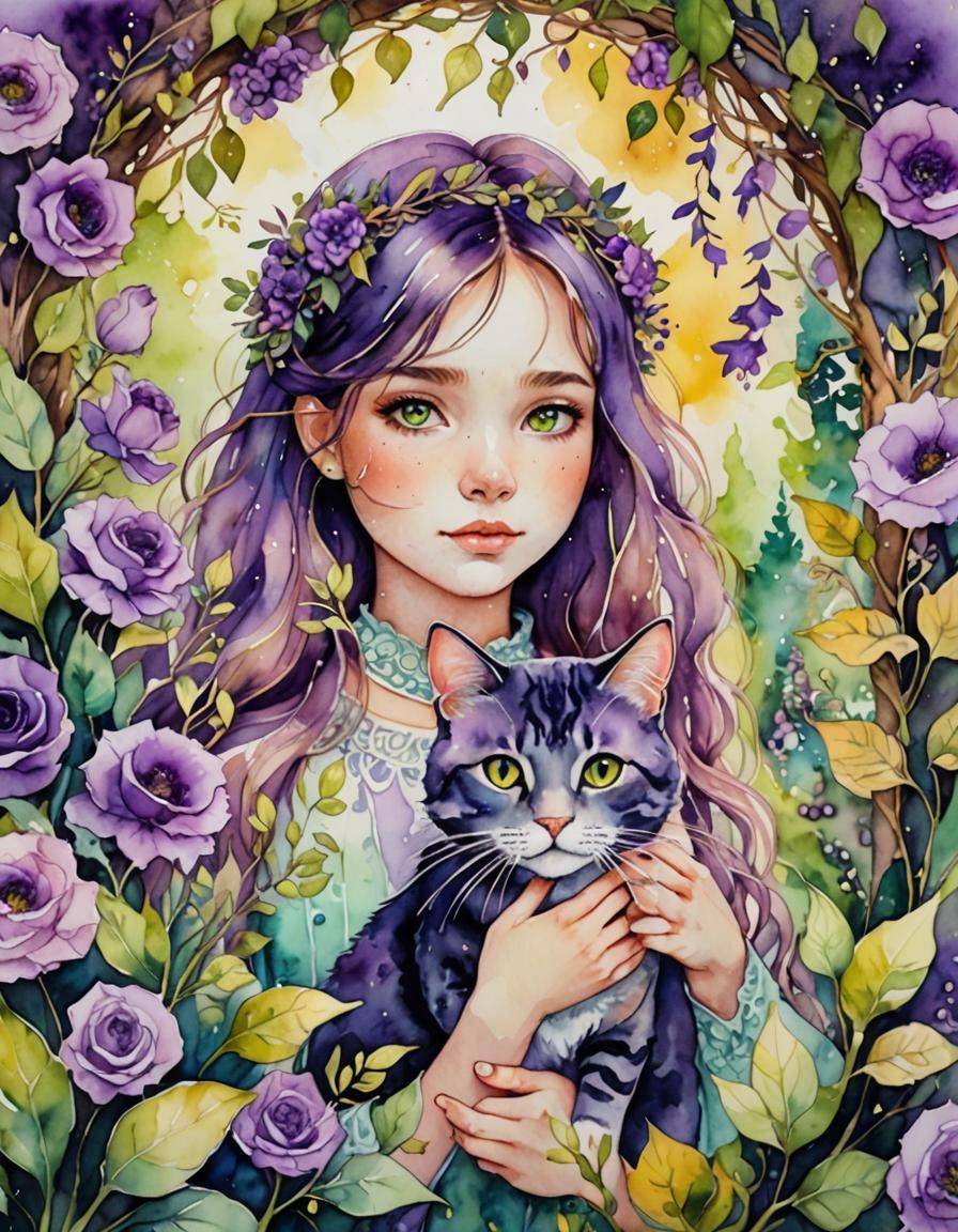 Girl and Cat in Whimsical Watercolor Garden