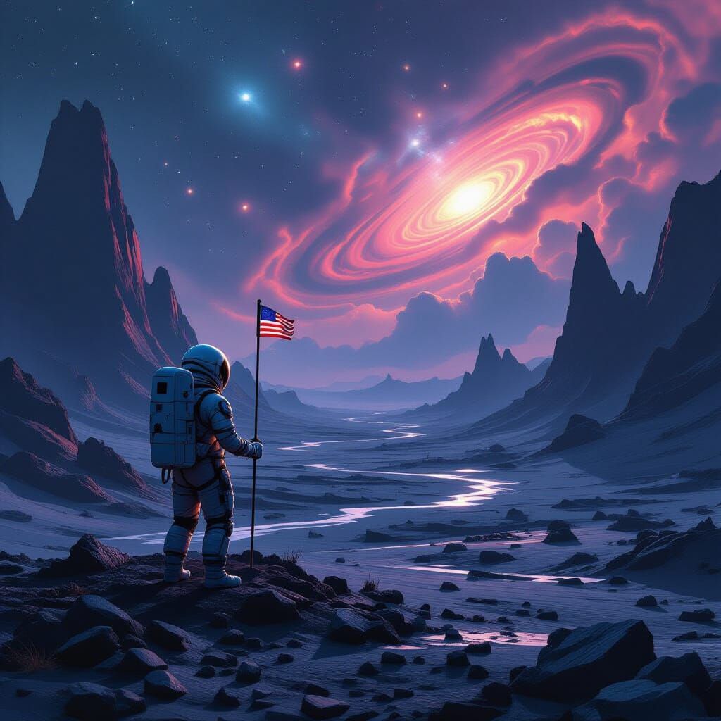 Astronaut Plants Flag on Alien Planet with Nebula Sky