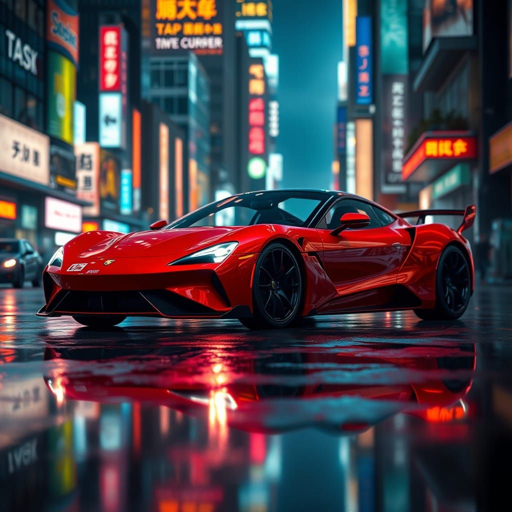 Red Sports Car in Neon Cityscape, Hyperrealistic Style