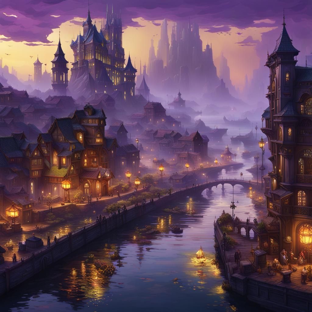 Epic River City in Dark Fantasy Style