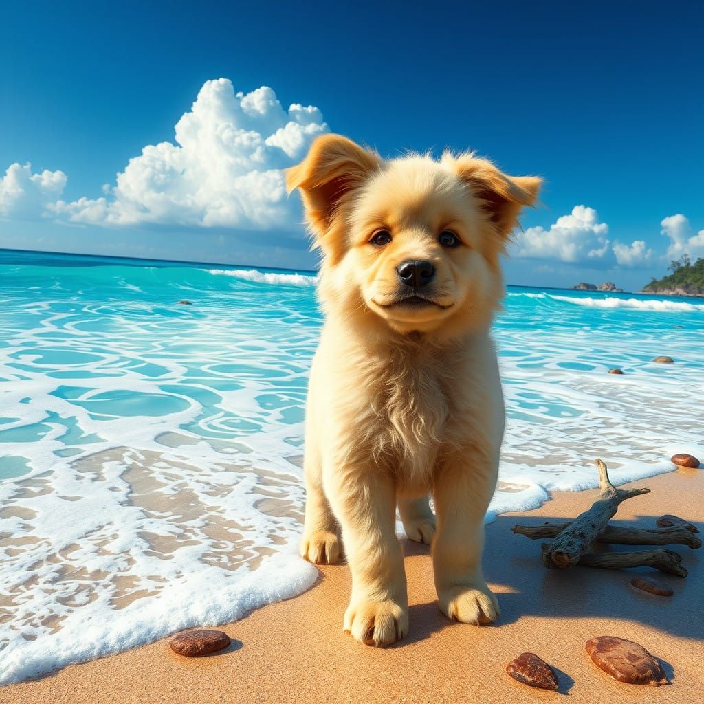 Whimsical Beach Puppy in Vibrant, Dreamlike Style