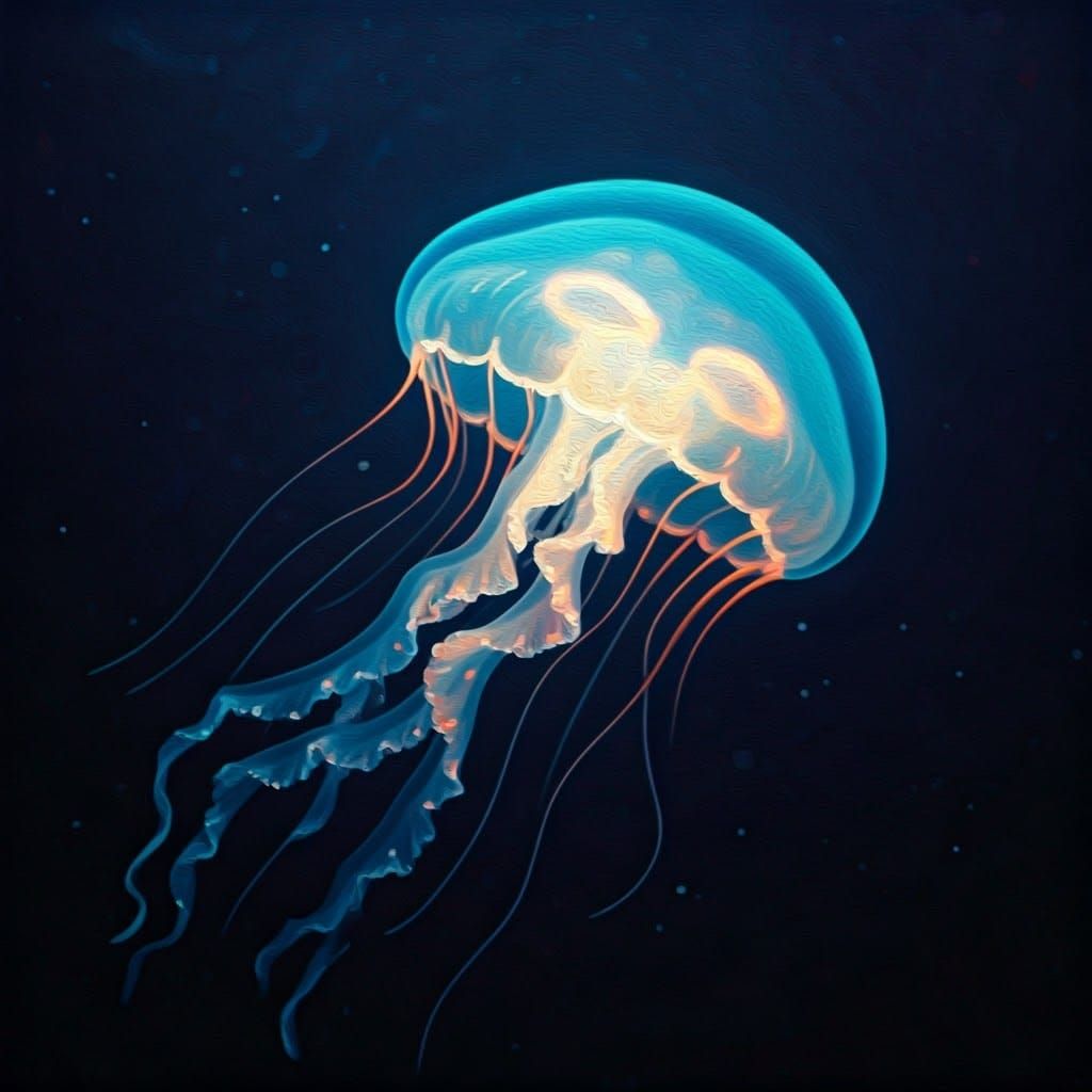 Bioluminescent Jellyfish in the Deep Ocean as Impasto Painti...