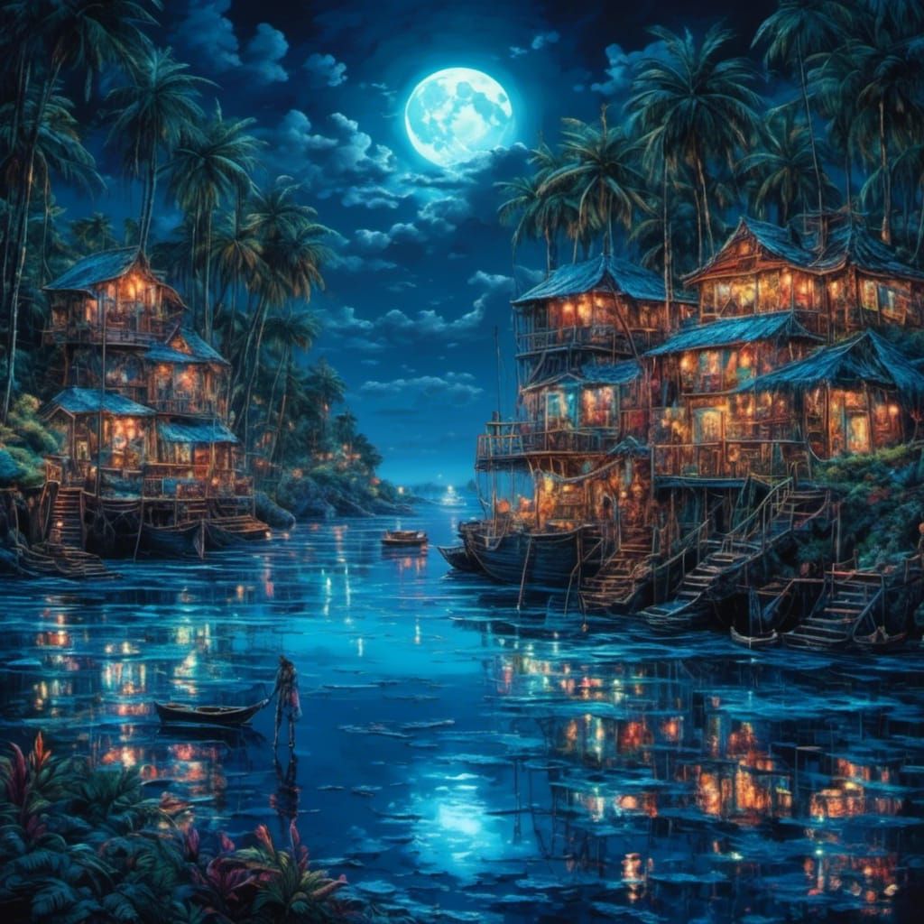 Moonlit Neon Bay Hyperreal Reflection