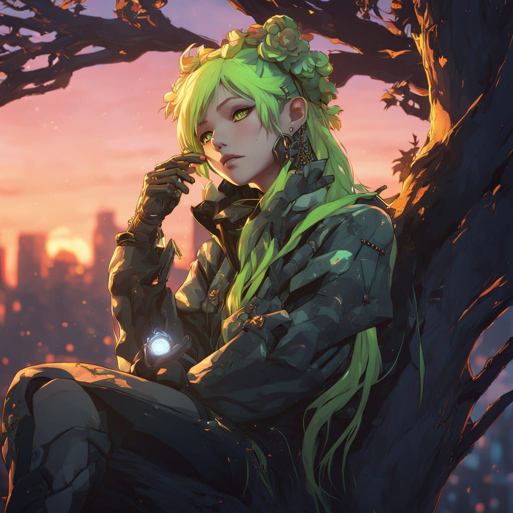 Cyberpunk Dryad Goddess with Neon Floral Tattoos