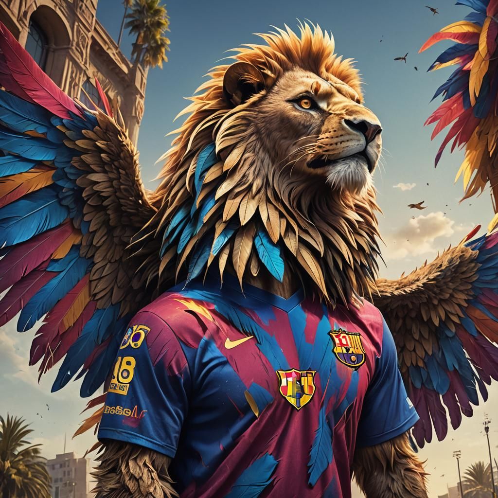 Magnificent Lion-Eagle Hybrid in FC Barcelona Regalia