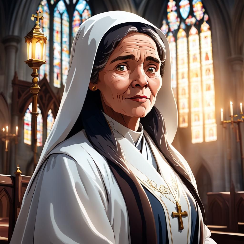 Cartoon Old Woman Cleric in Church