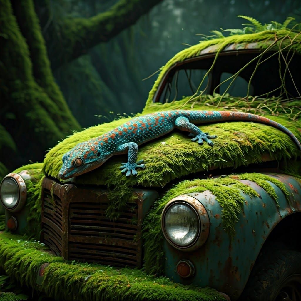 Gecko on Mossy Car: Fantasy Concept Art