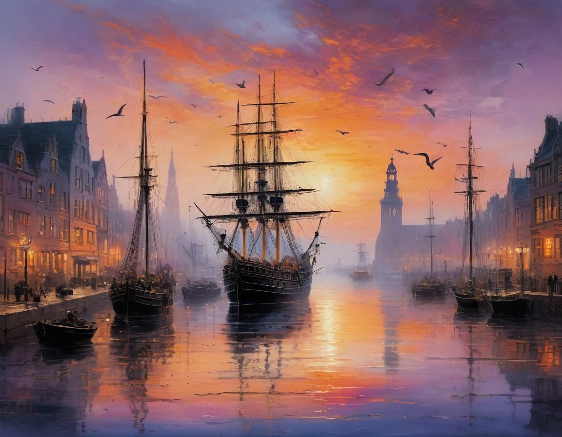 Gothic Harbor Sunset: Tall Ship in Romantic Style