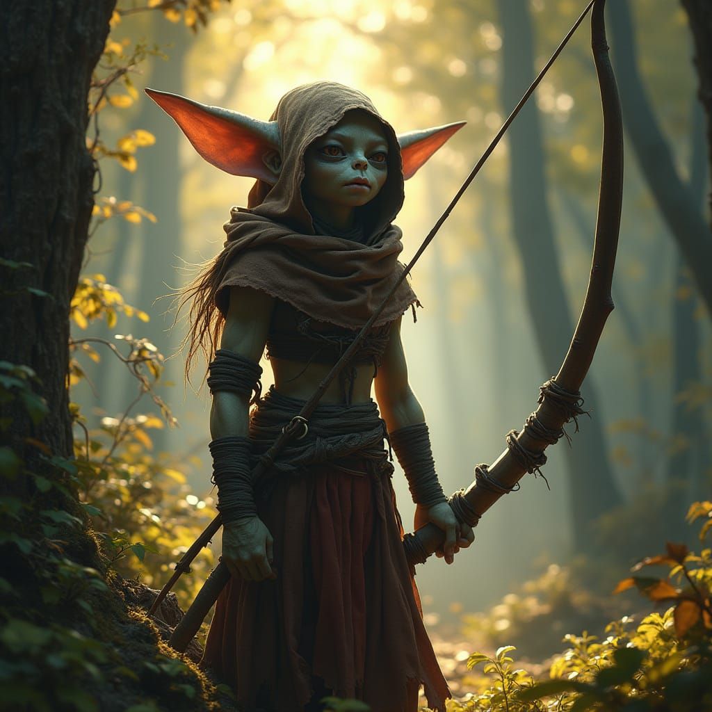 Gray Skinned Goblin Maiden in Forest, Hooded and Ready to Un...