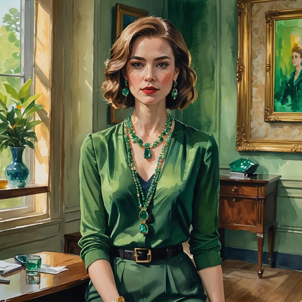 Emerald Necklace Portrait in Gouache Style