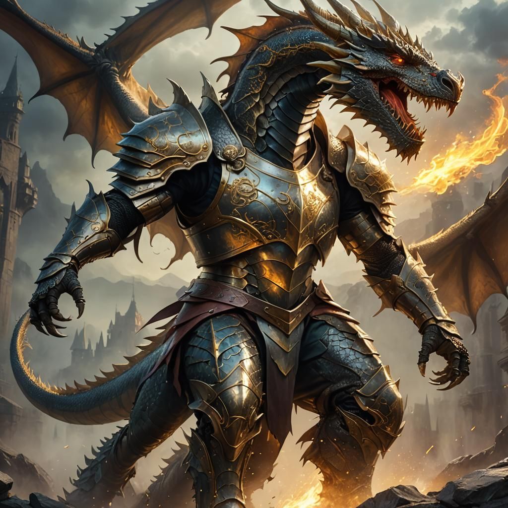 Armored Dragon in Misty Landscape: Fantasy Concept Art