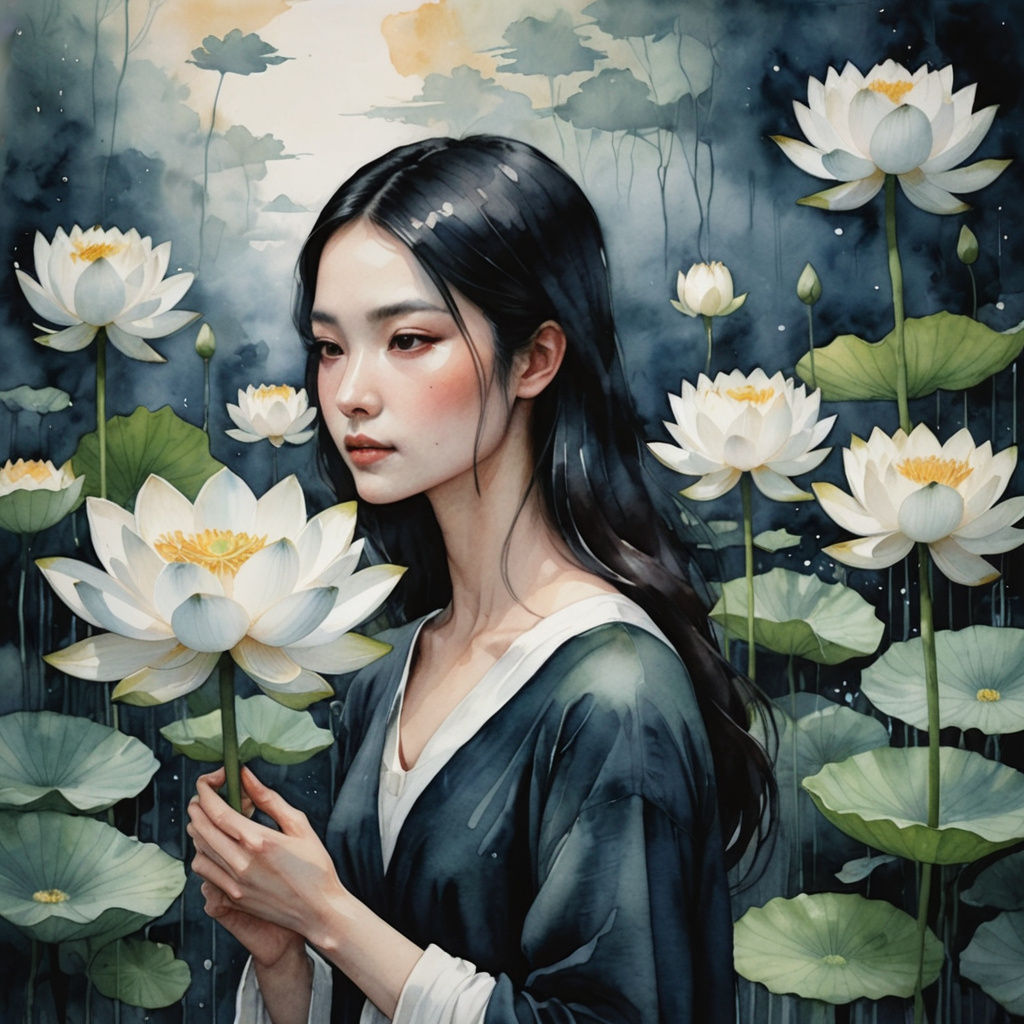 Woman with Lotus Flower in Watercolor Style