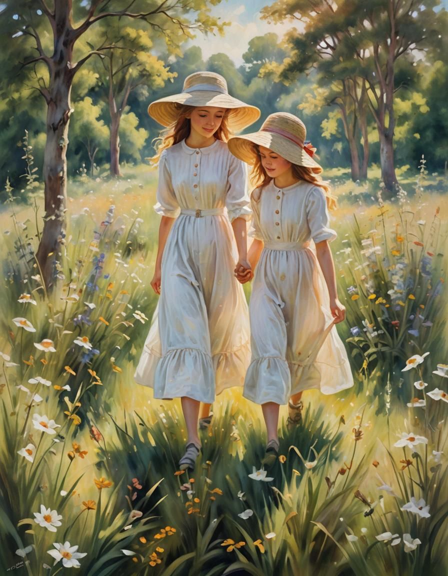 Impressionist Oil Painting of Girls in Meadow
