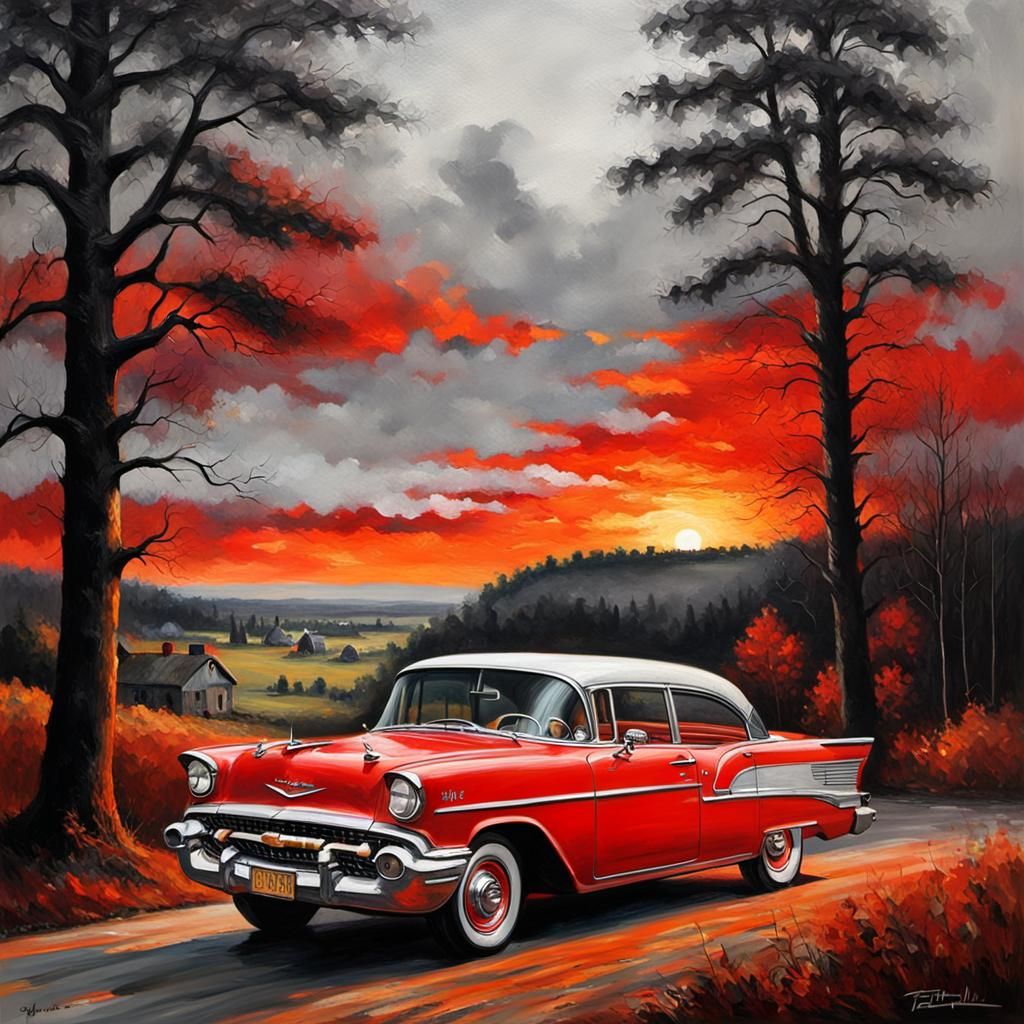 Red 1957 Chevy Bel Air: Oil Painting Landscape