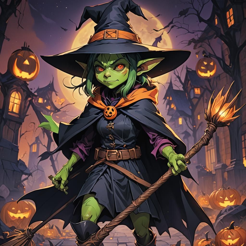 Anime Goblin Witch with Jack-o-Lantern