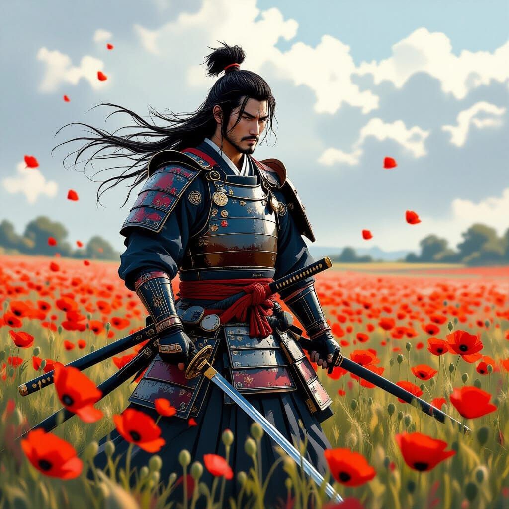 Samurai Warrior in Poppy Field Inspired by Kurosawa