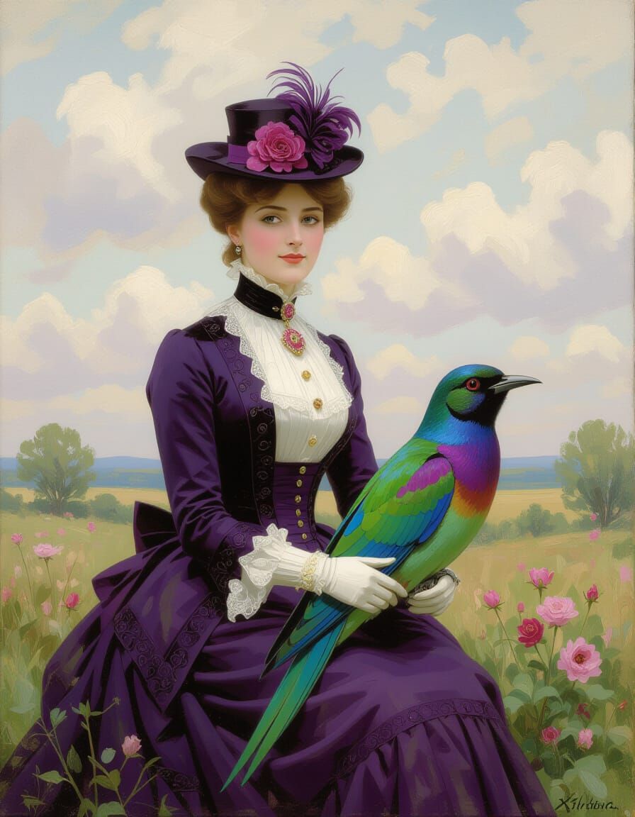 Victorian Lady Rides a Hummingbird in Impressionist Style