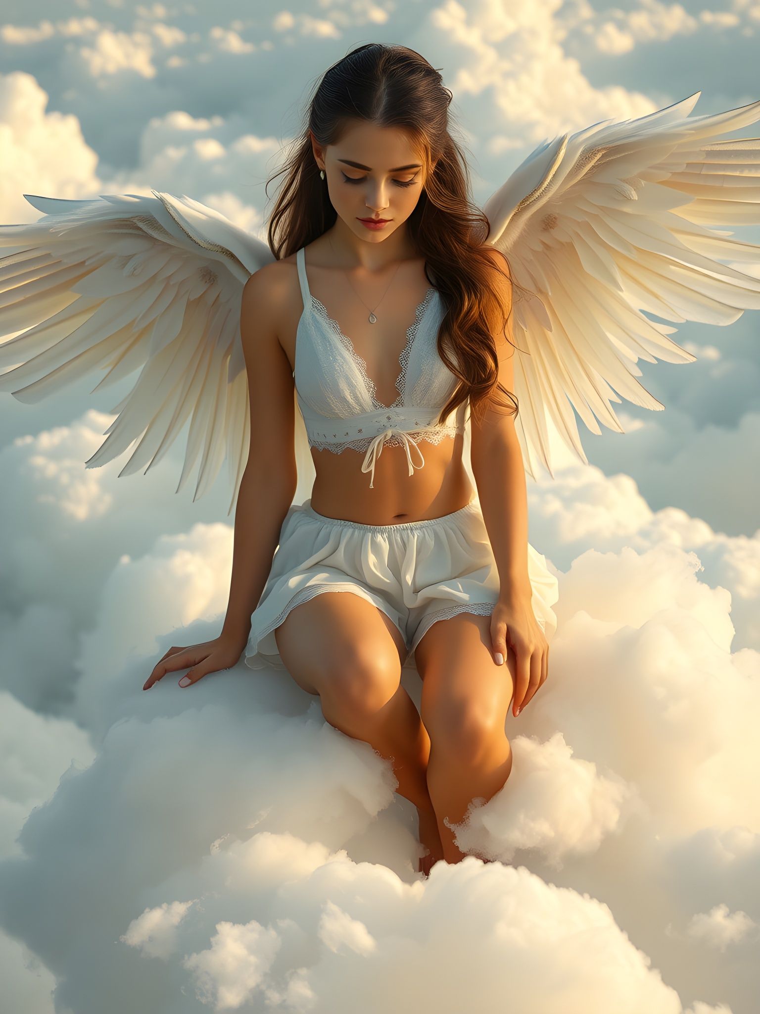 Hyperrealistic Angel with White Wings in Heaven