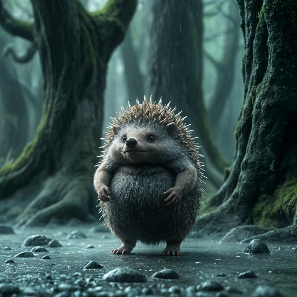 Sumo Hedgehog in a Rainy Forest: 3D Render
