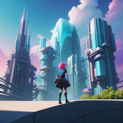 Pixar-Inspired Anime Girl in Futuristic Cityscape