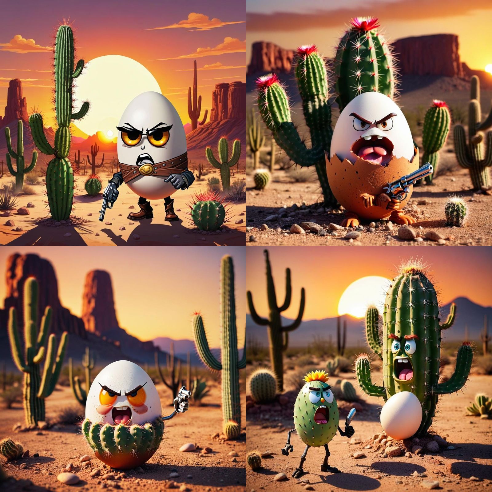 Wild West Sunset: Revolver, Egg, and Cactus