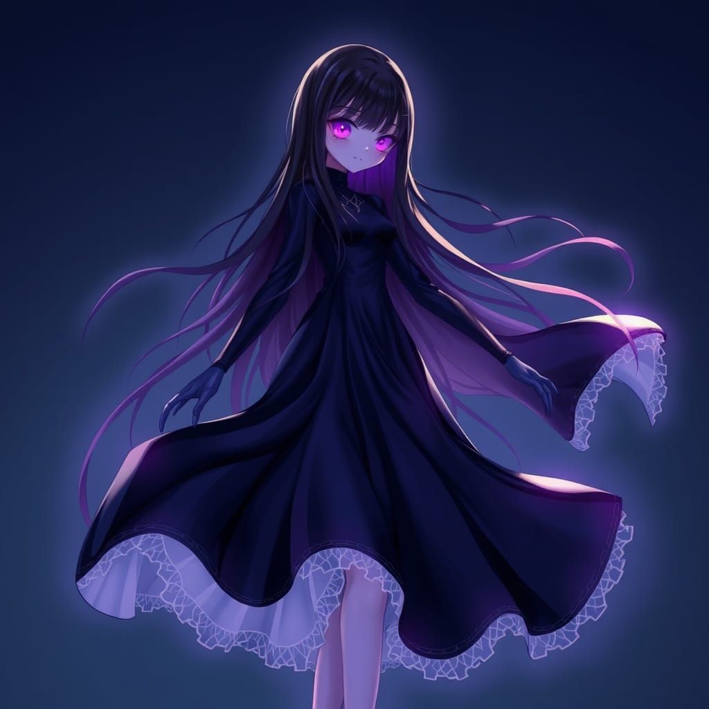 Anime Enderman Girl in a Black Dress with Glowing Purple Eye...