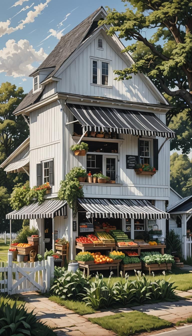 Hyperrealistic Farm Stand With White Farmhouse