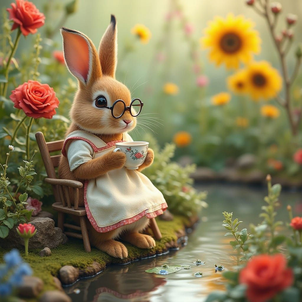 Whimsical Garden Scene with Bunny Sipping Coffee