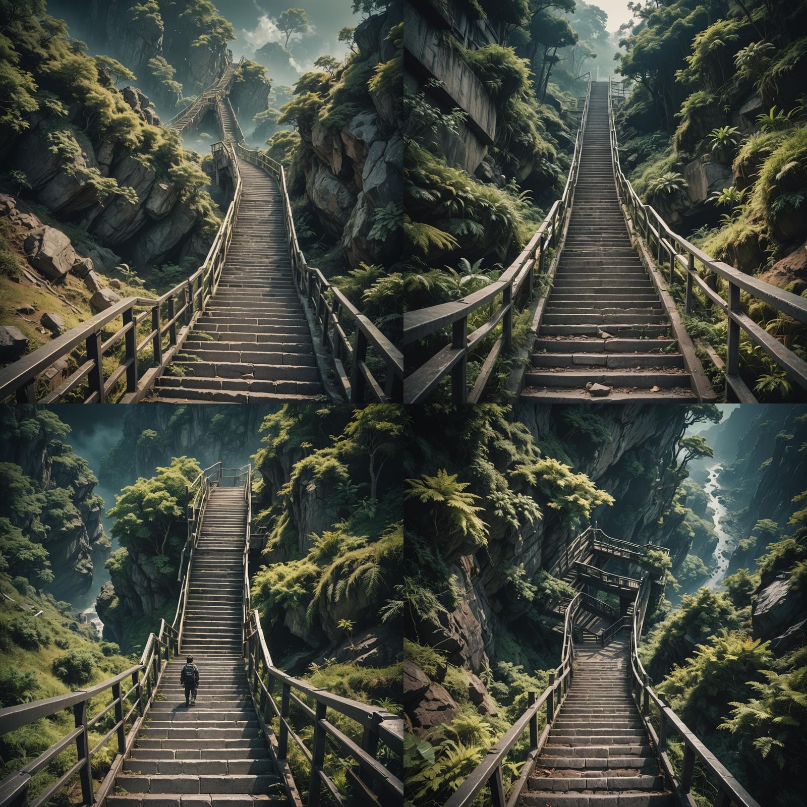 Dramatic Stairway Descent: Cinematic Film Still