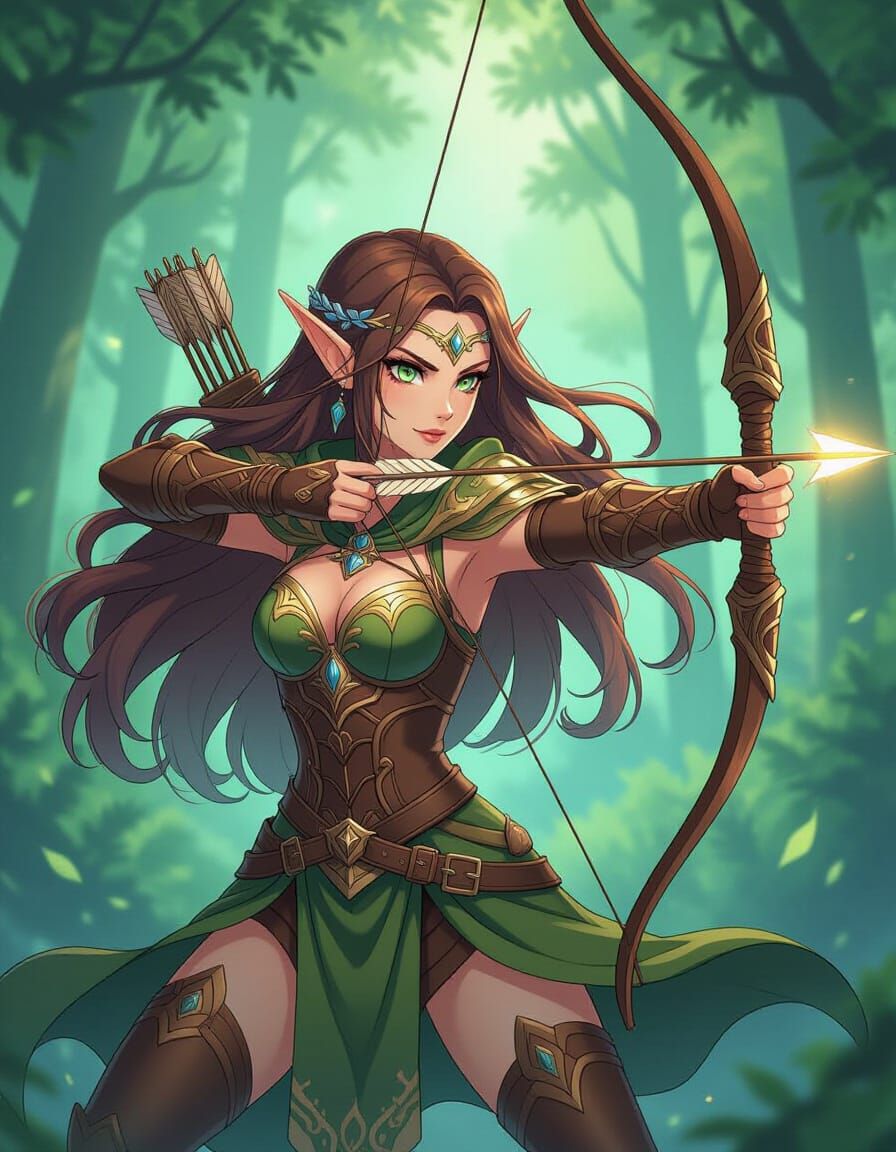 Elf Archer with Glowing Arrow in Anime Style