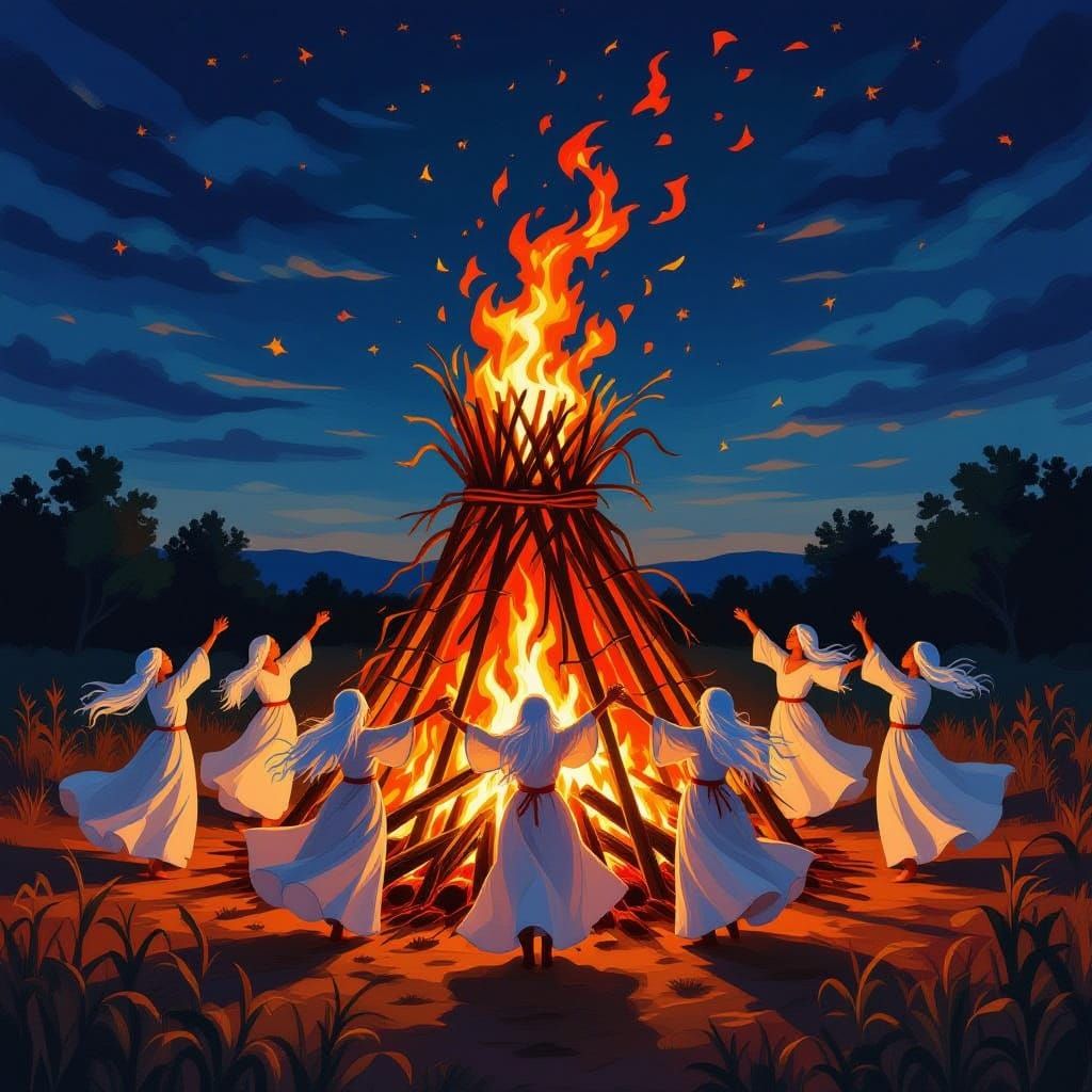 Spirits Dance Around Harvest Bonfire in Folk Art Style