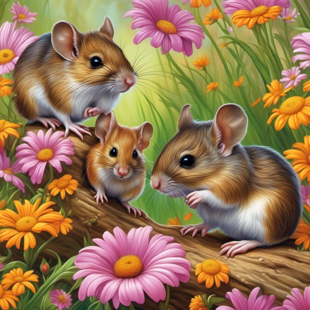 Adorable Field Mice in Springtime Floral Woods