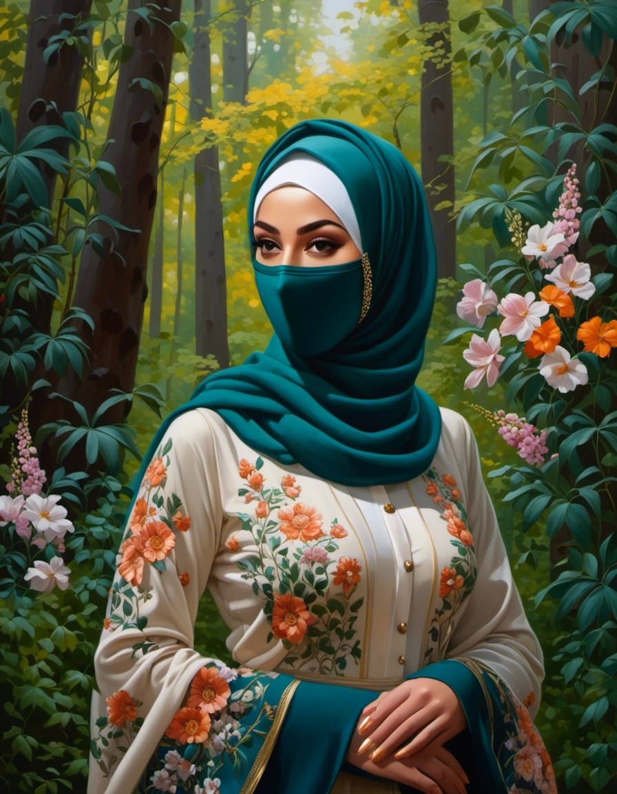 Hijabi Woman in Forest, Oil Painting Portrait