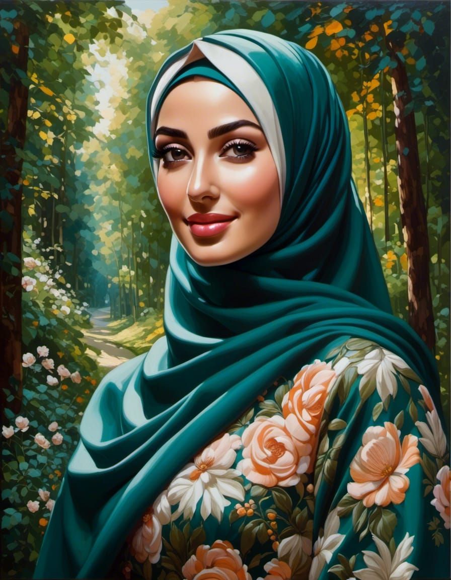 European Woman in Hijab Amidst Forest, Oil Painting