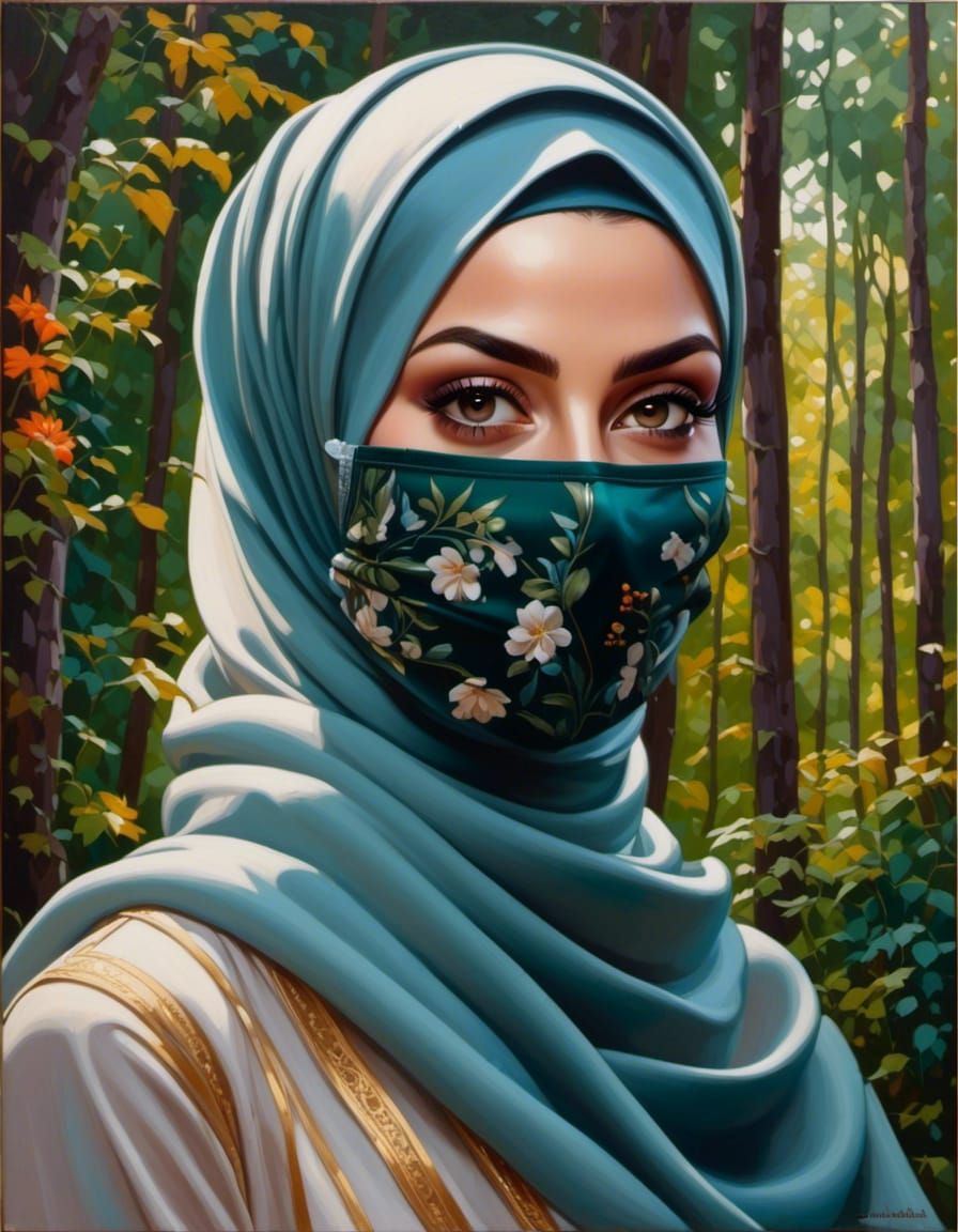 European Woman in Hijab Portrait in Lush Forest